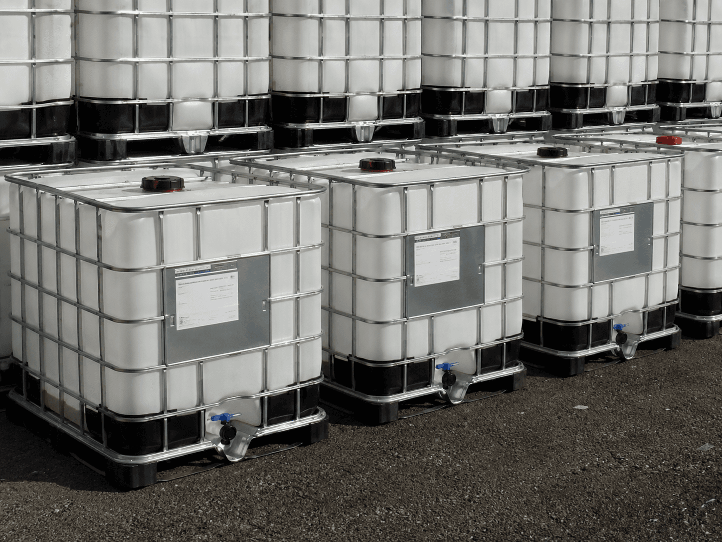 A row of 275-gallon IBC totes in matching condition at the IBC Illinois yard.
