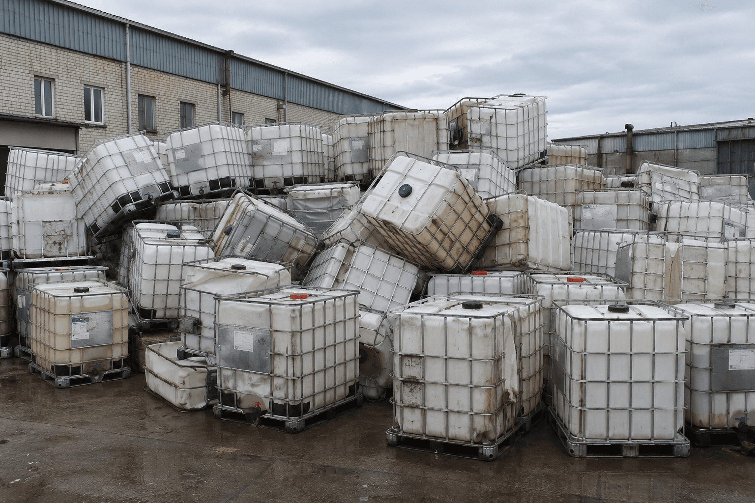 A large pile of mixed-condition IBC totes ready for fleet liquidation.